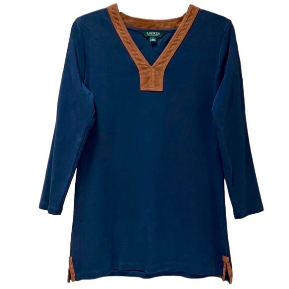 Lauren Ralph Lauren 3/4 Sleeve Cotton Tunic in Navy/Brown Women’s L - Picture 1 of 6